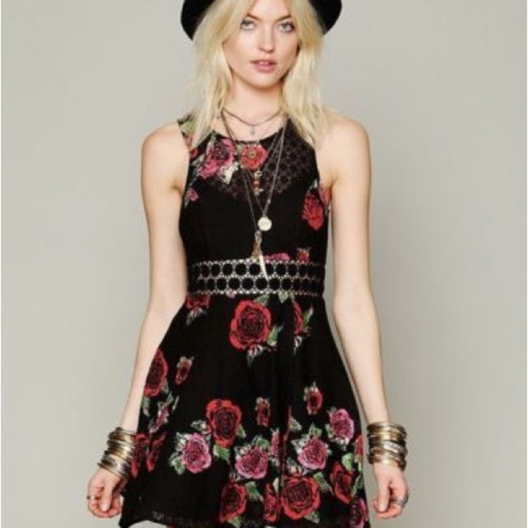 Free People Fitted with Daisies Dress Black with Roses - Picture 7 of 9
